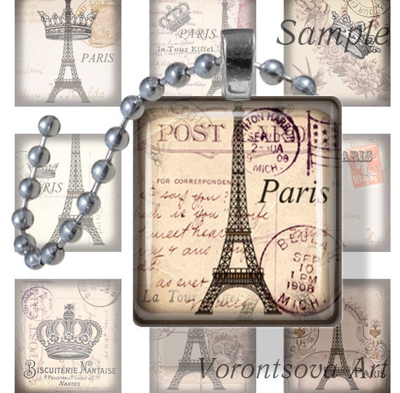 Paris ivory Shabby Chic Crown Eiffel tower 0.75 x 0.83 inch square tiles. Digital Collage Image sheet scrabble tiles for pendants. 3098