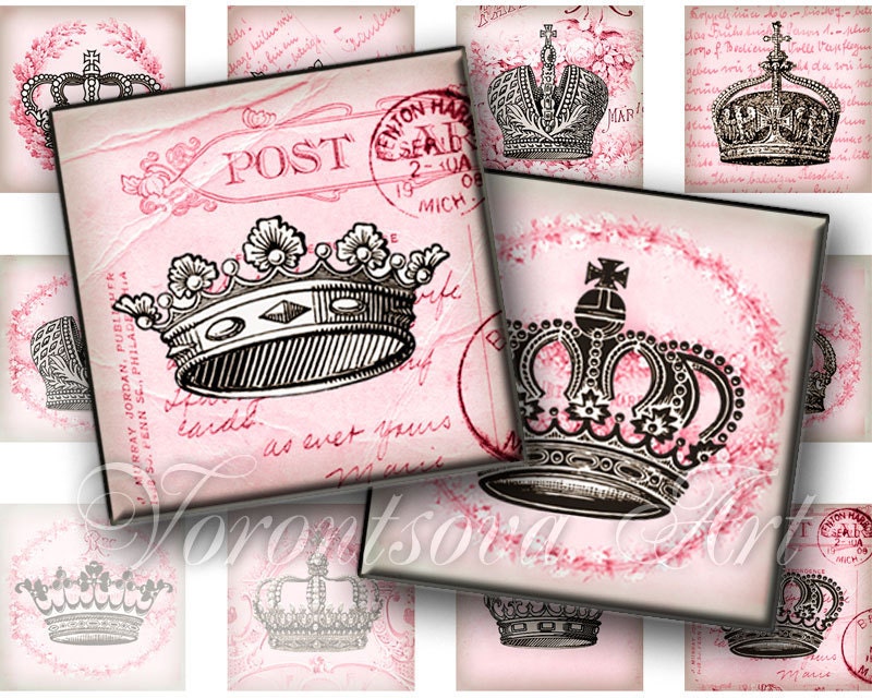 Princess crown Rose 1x1 inch square tiles - glass tile pendant image. 3824