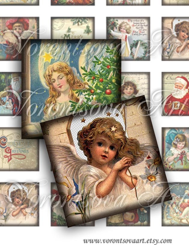 Vintage Christmas Santa Claus Angels. 1x1 inch square tiles. Digital Collage Image sheet for scrabble tiles, resin pendants. ngK01