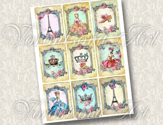 VINTAGE gift tags. Eiffel Tower - Paris - Marie Antoinette - Digital Collage Sheet Printable. invitations, scrapbooking, bookmarks 918