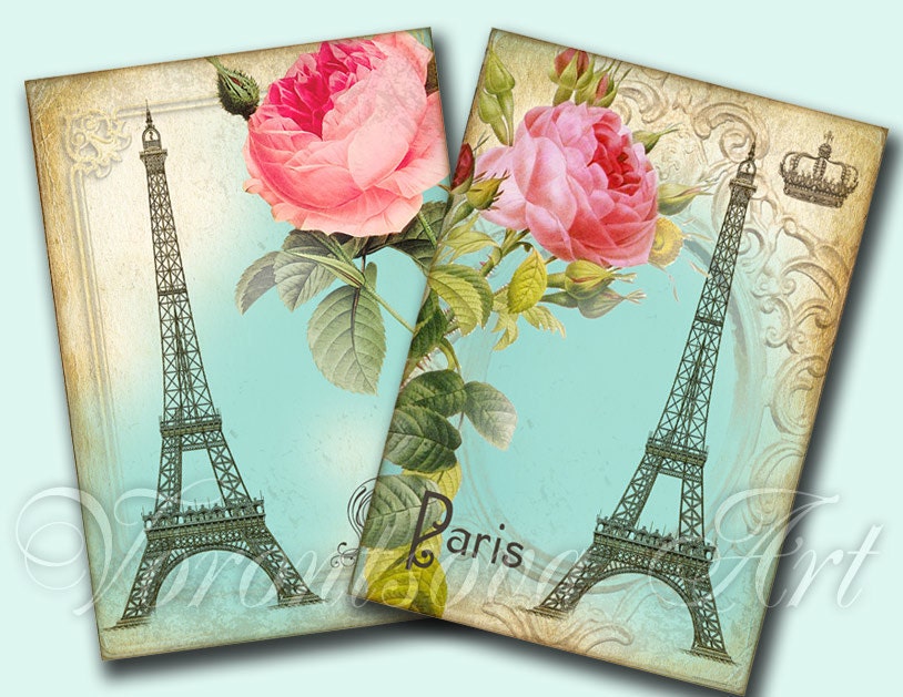 Eiffel tower - Digital Collage Sheet - Printable download - gift tags - Greeting Cards - vintage ephemera - 4588