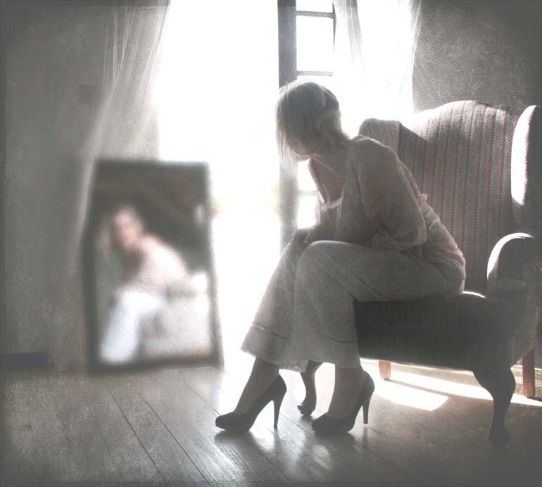 girl on antique chair with mirror reflection - fine art photograph - overexposed - fineheartworks