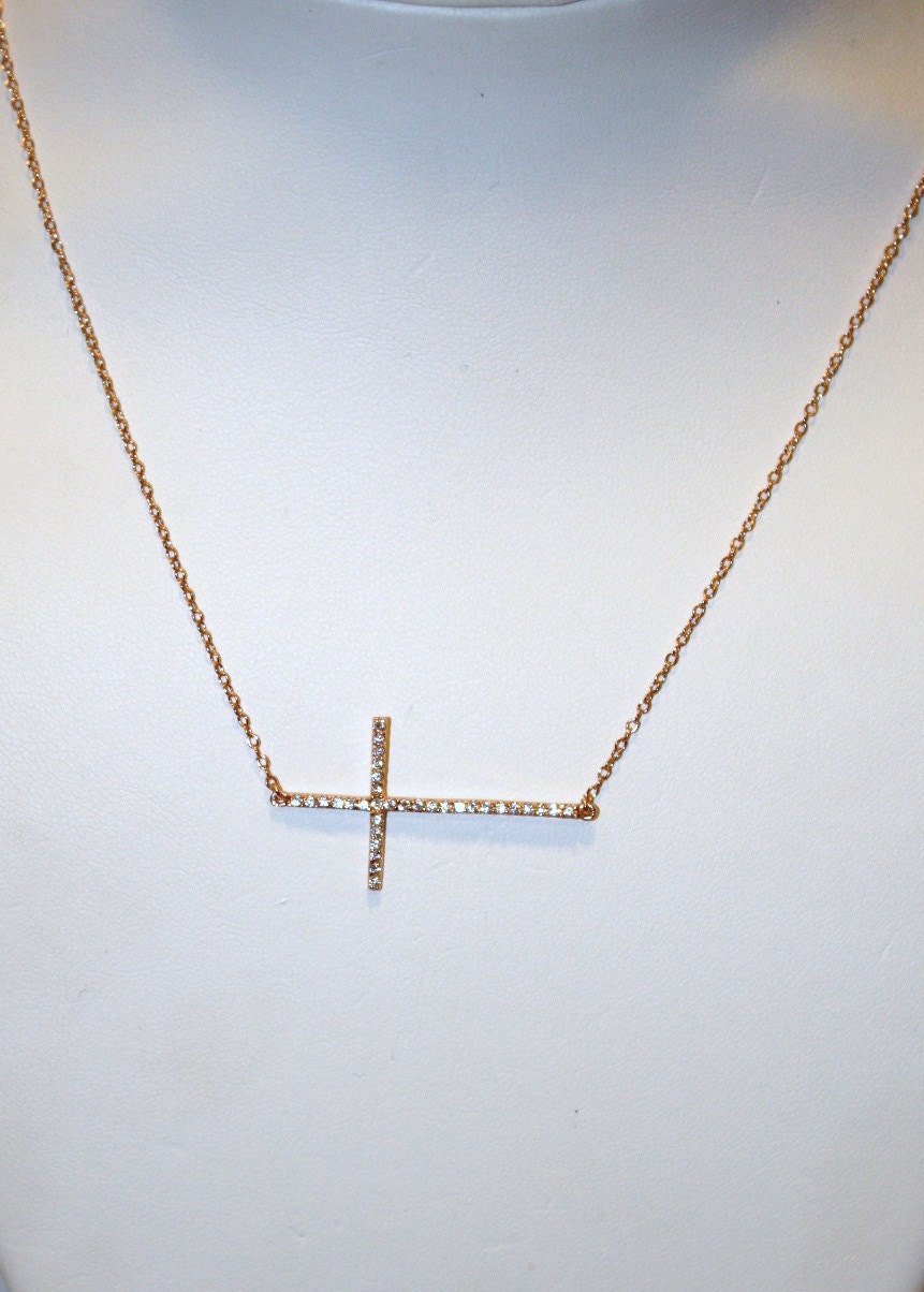 New Kelly Ripa Skinny Sideways Cross, Rose Gold, CZ, Celebrity Inspired