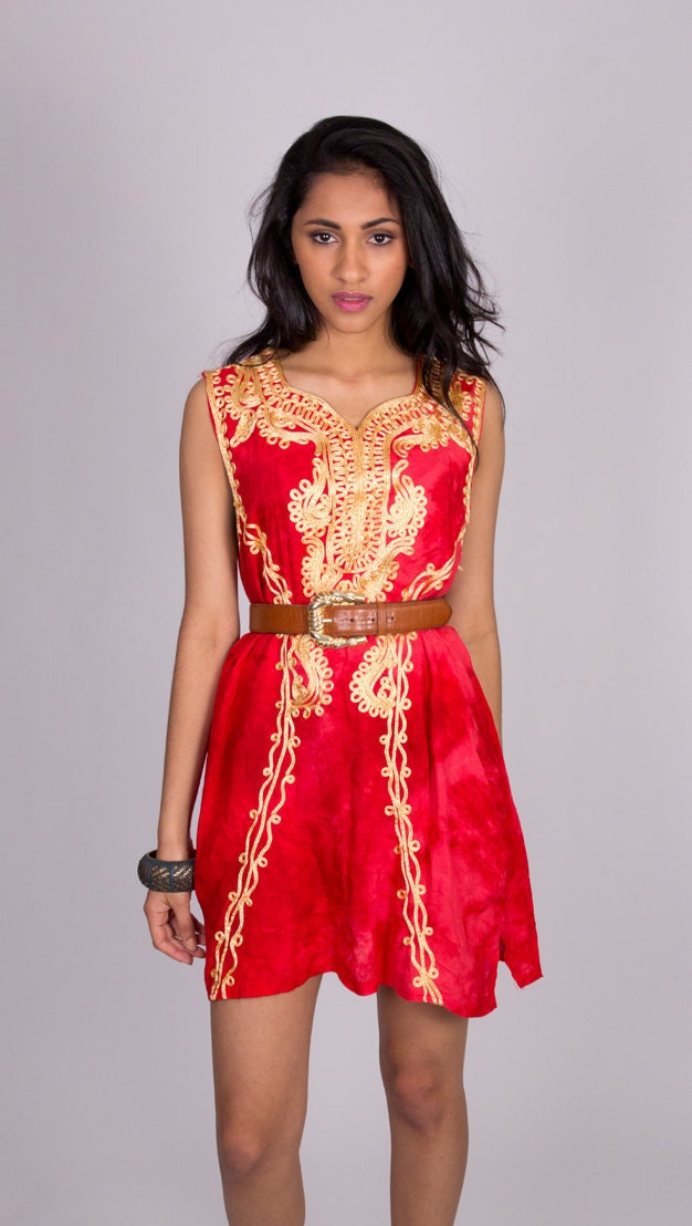Vintage Red Indian Dress with Gold Embroidery Size Medium