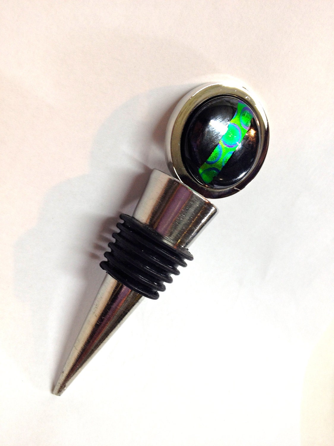 Wine Stopper Dichroic Fused Glass  Graphite Black with Green Stripe  Stainless Steel 152