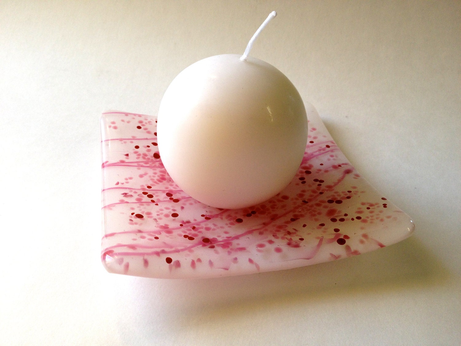 Fused Glass Votive Candle Holder  Sushi Style Pink Confetti on White 293