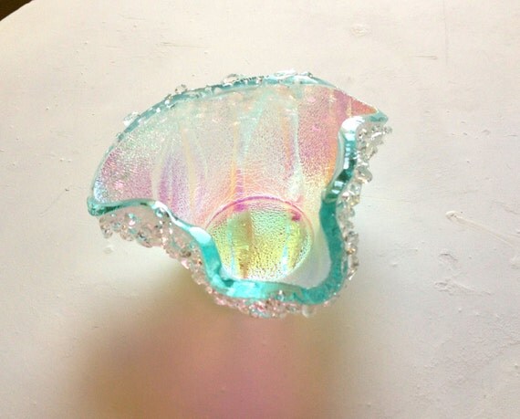 Fused Dichroic Glass Candle Holder Aqua and Silver with a Pink Reflection Tea Light 82