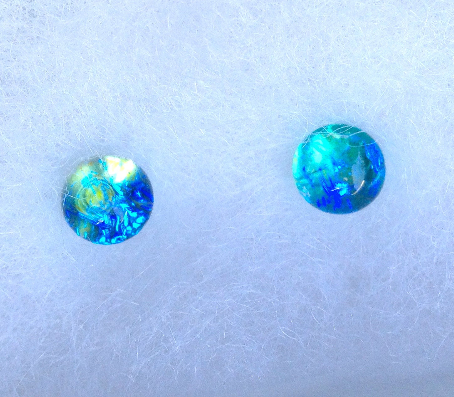 Tiny Little Fused Dichroic Glass Post Earrings Jewelry Aqua Green Blue 019