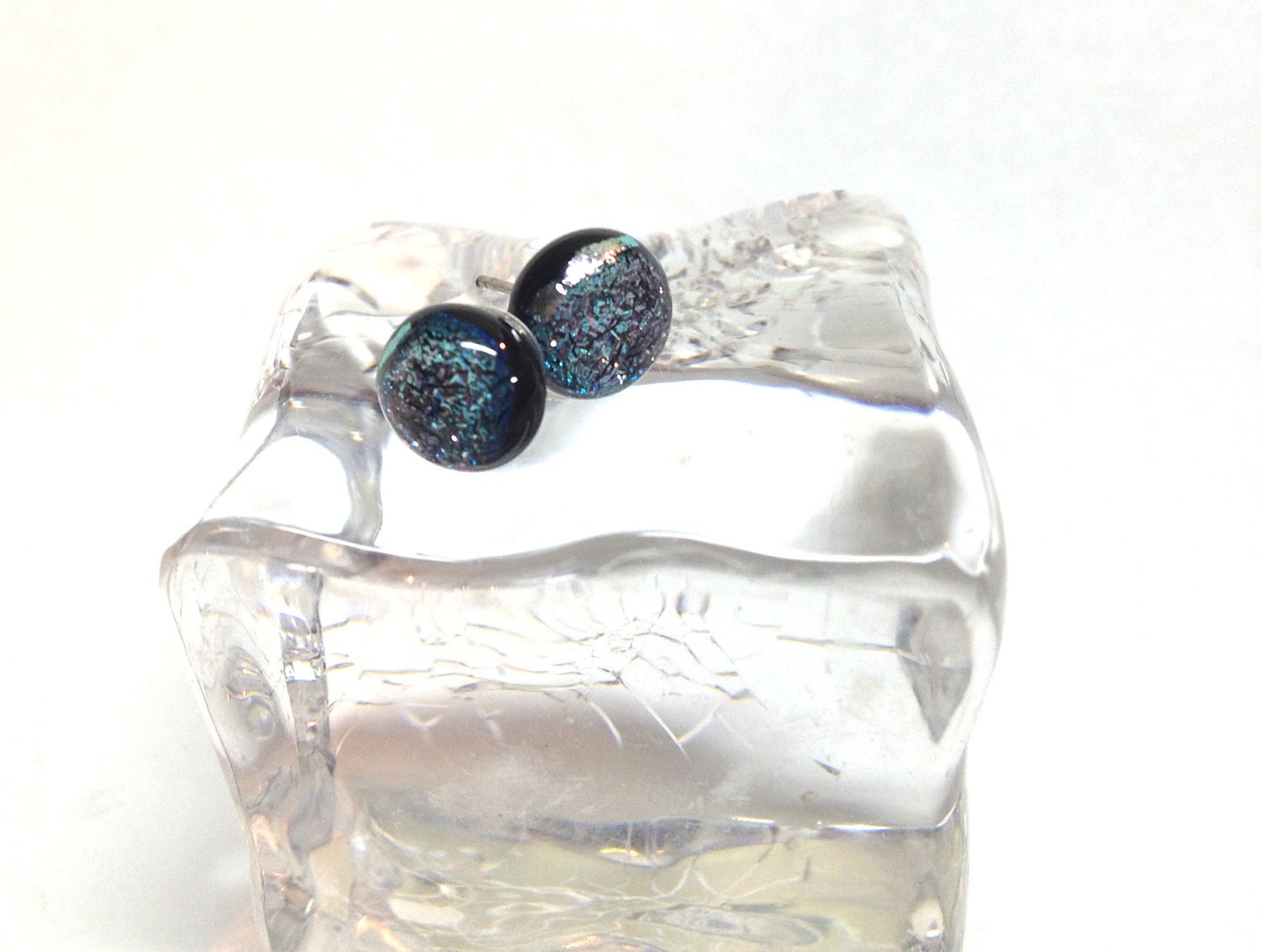 Dichroic Glass Post Earrings Teeny Tiny Fused Glass Pierced Earrings Jewelry Icy Silver Blue 155