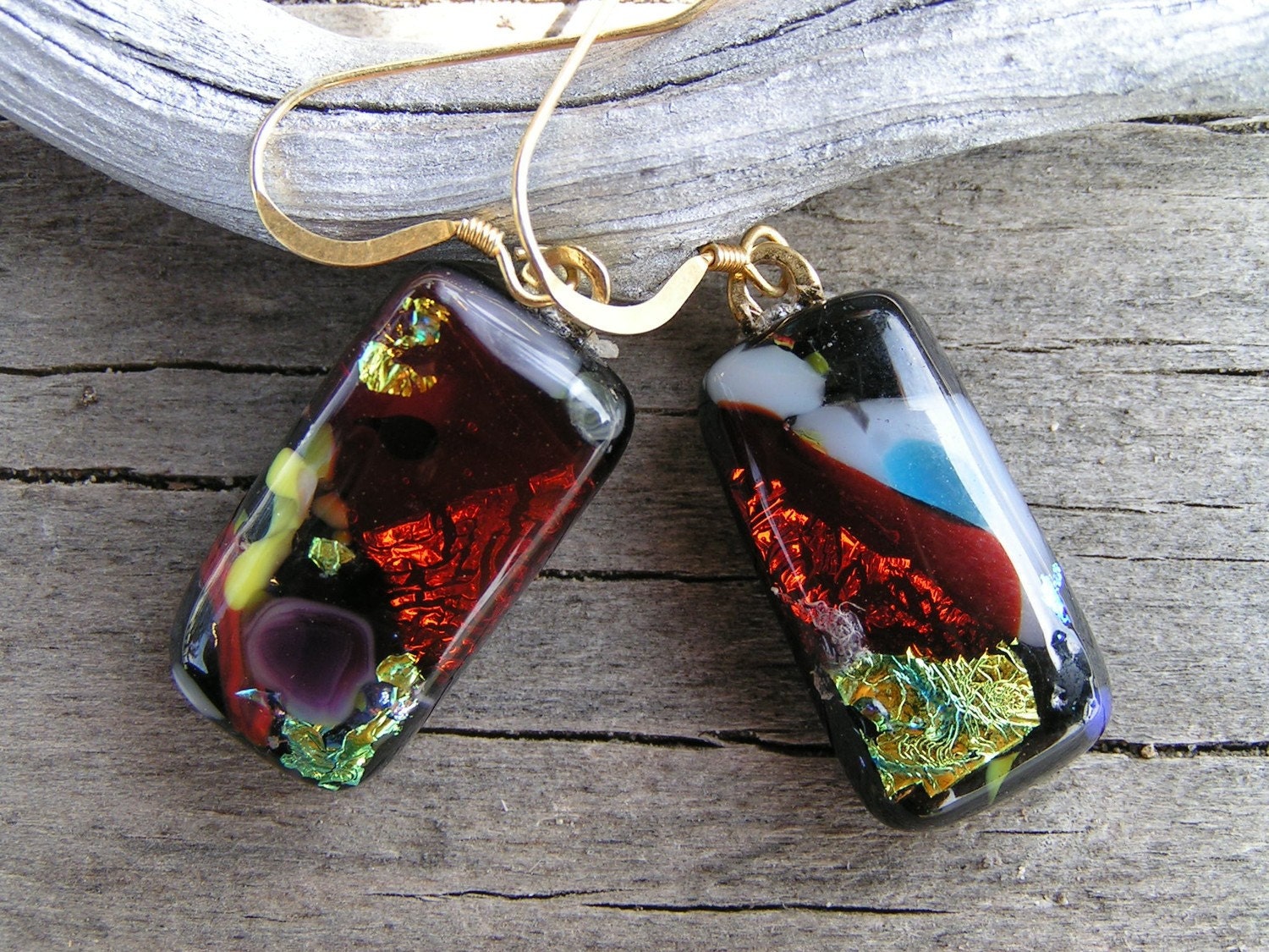 Fused Glass Designer Dichroic Dangle Earrings Red and Gold 449