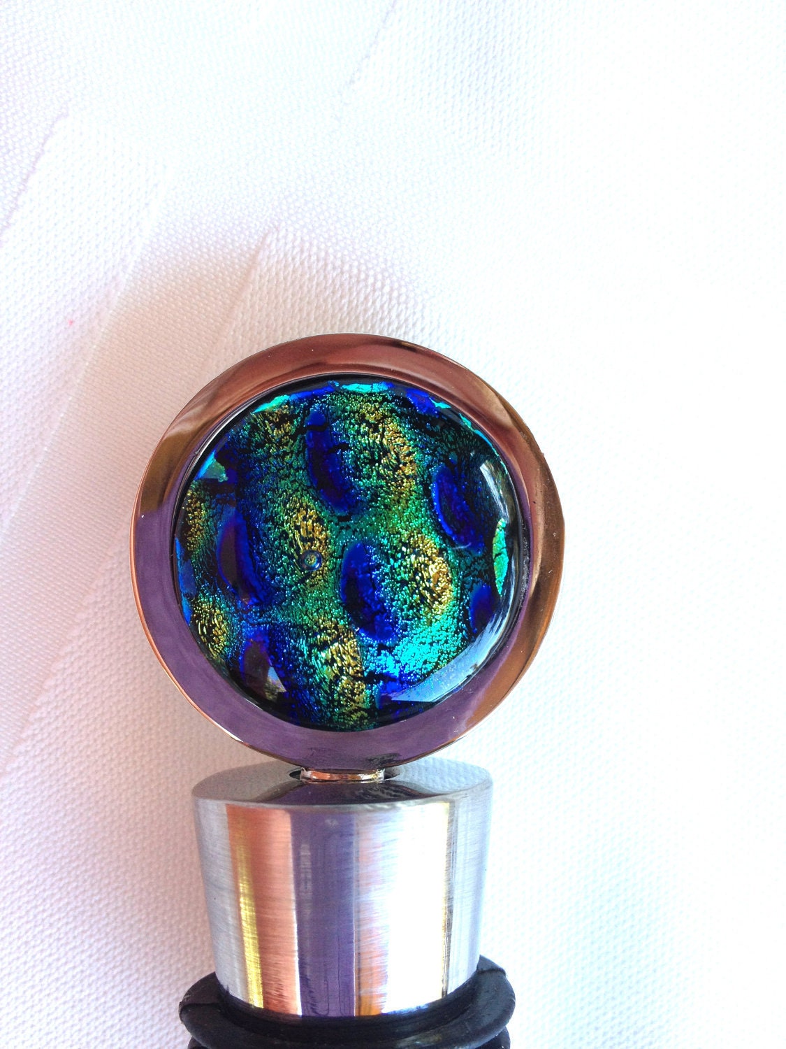 Wine Bottle Stopper Fused Glass Fused Dichroic Glass Blue Green Yellow 316