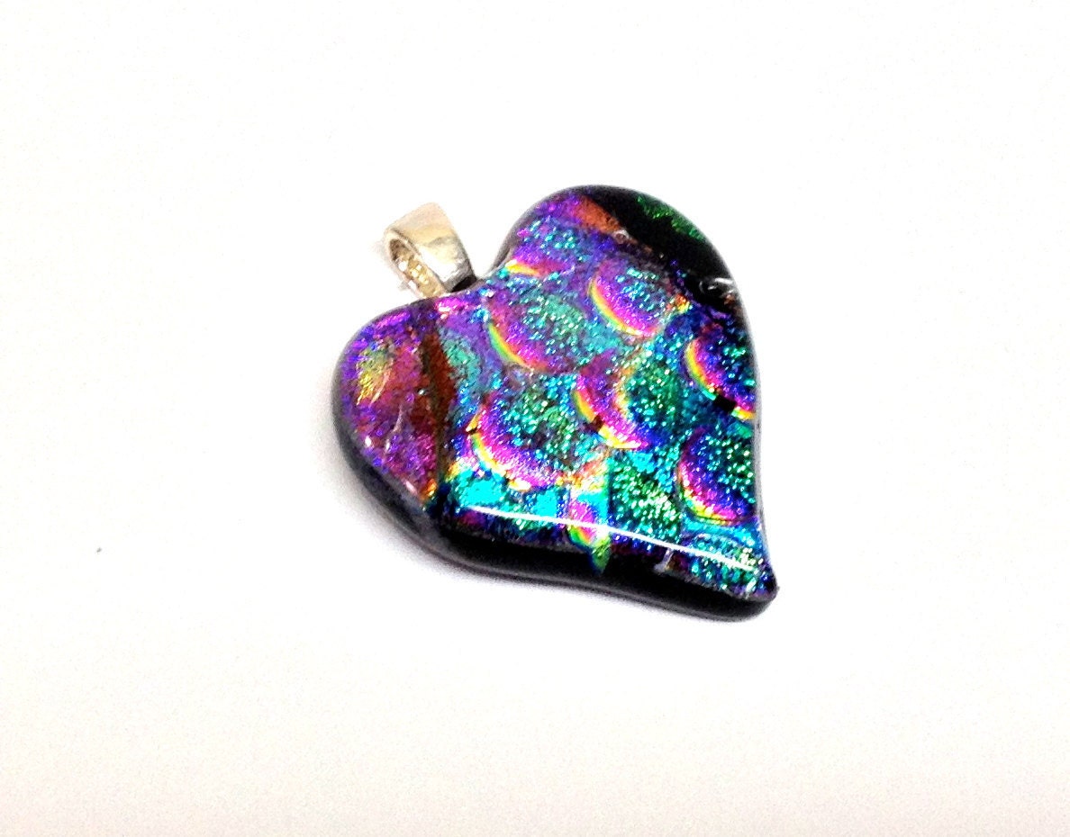 Dichroic Fused Glass Pendant Necklace Heart Shaped Pink Purple Blue Peacock Colors 325