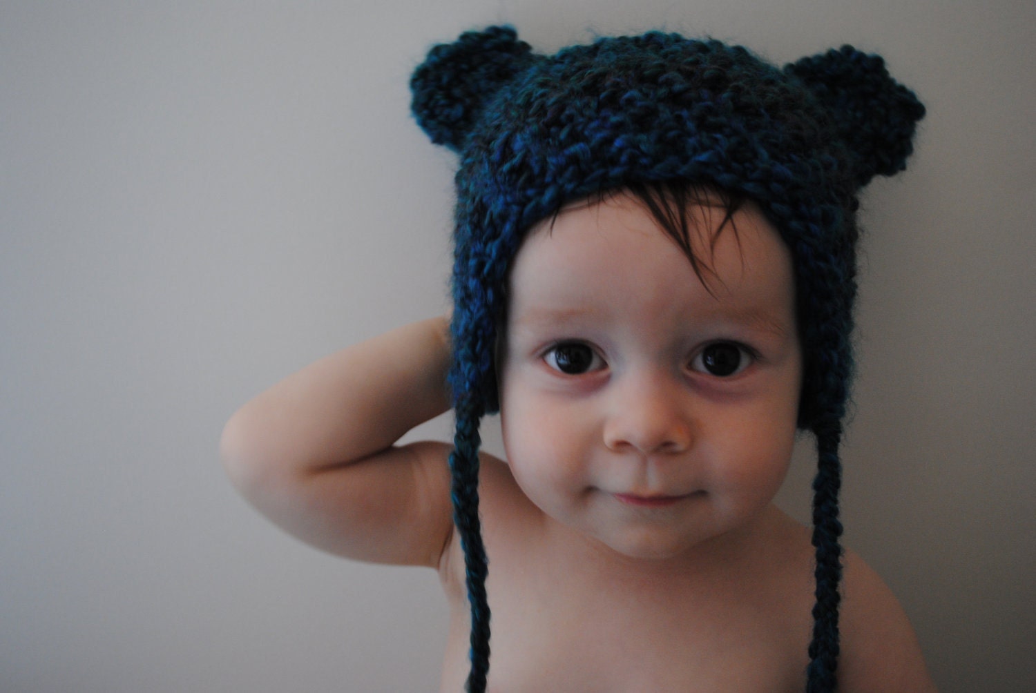 Blue Green Baby Hat--Infant Size 6-12 Months Bear Ears with Braided Tassels