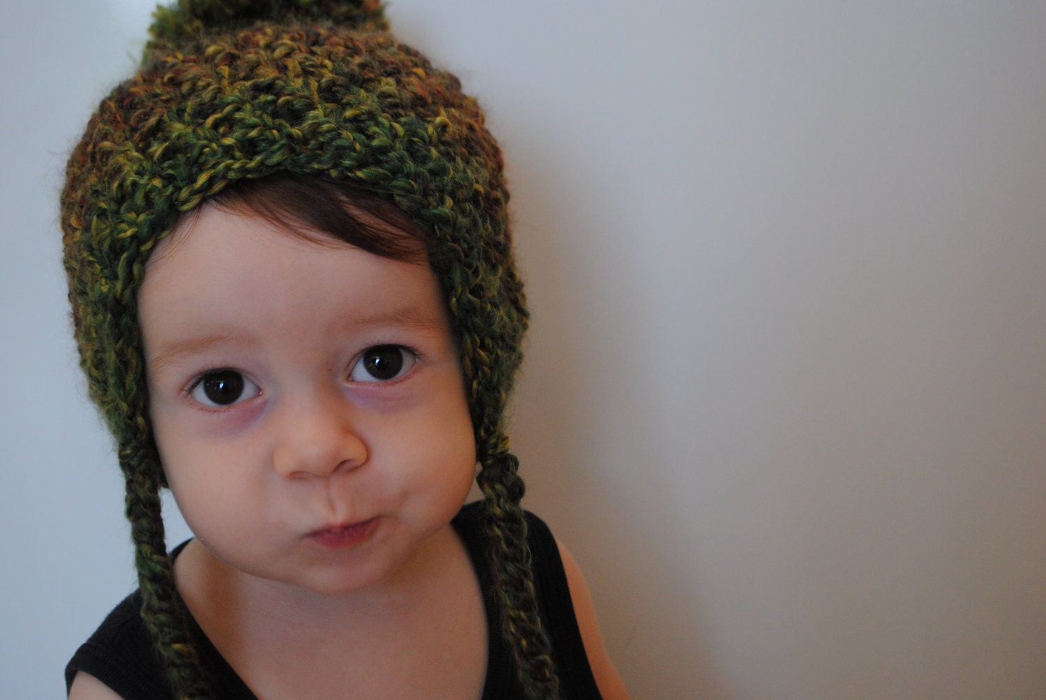 Green, Gold, Red Toddler Beanie with Pompom and Braided Tassels 1t-3t