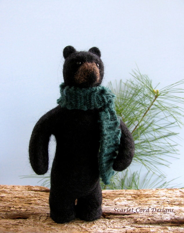 Felted Black Bear with Green Scarf - Needle Felted Woodland Animal Sculpture