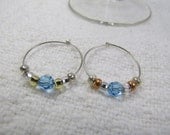 Gold Beads and Aqua Swarovski Crystal Beaded Hoop Earrings