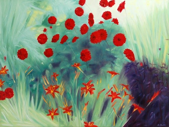 Flowers Red in Wild Garden - Large Canvas Print - Ltd Edition
