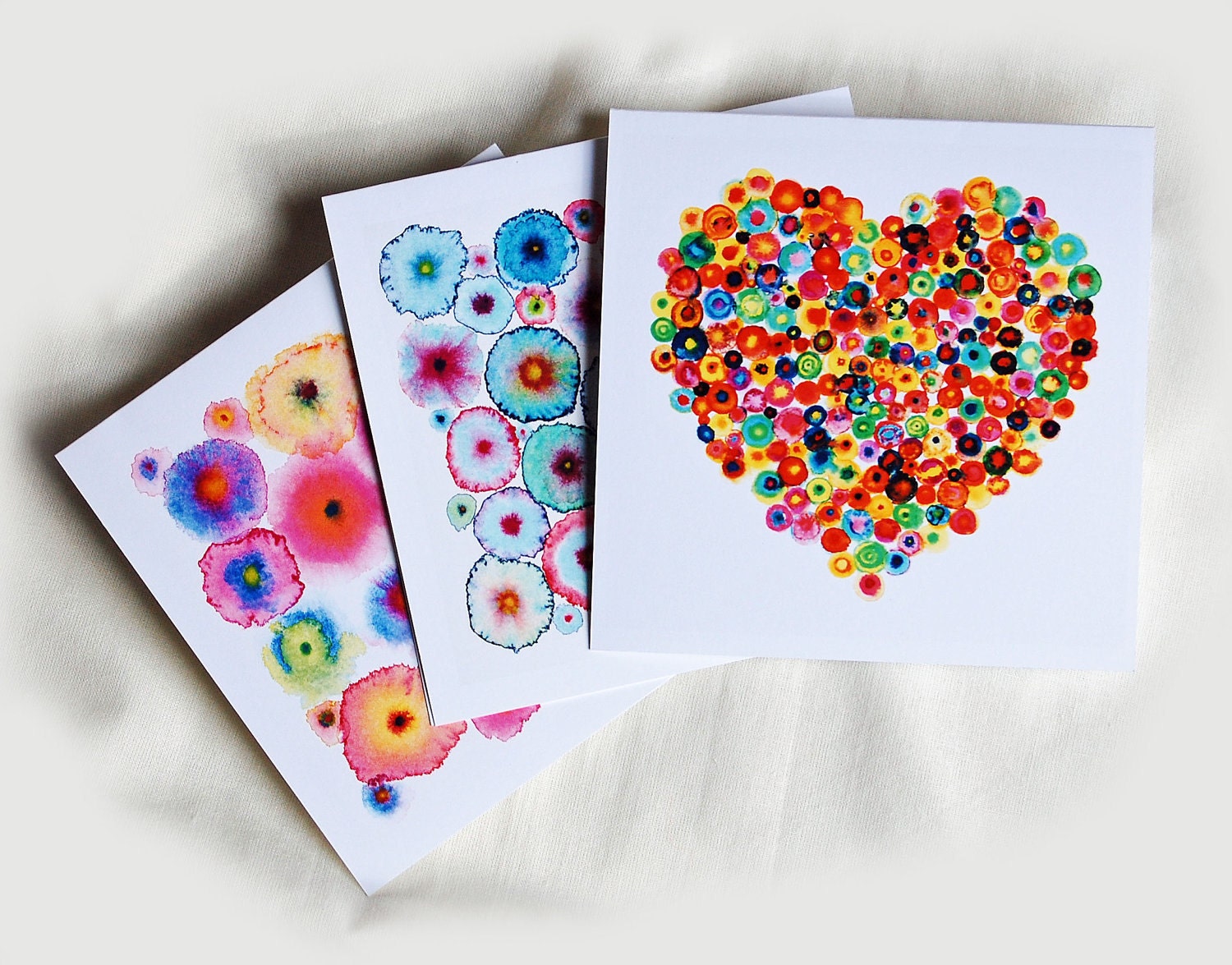 Greeting Cards Abstract Colorful Art x 3 - Heart and Turquoise Pink Circles
