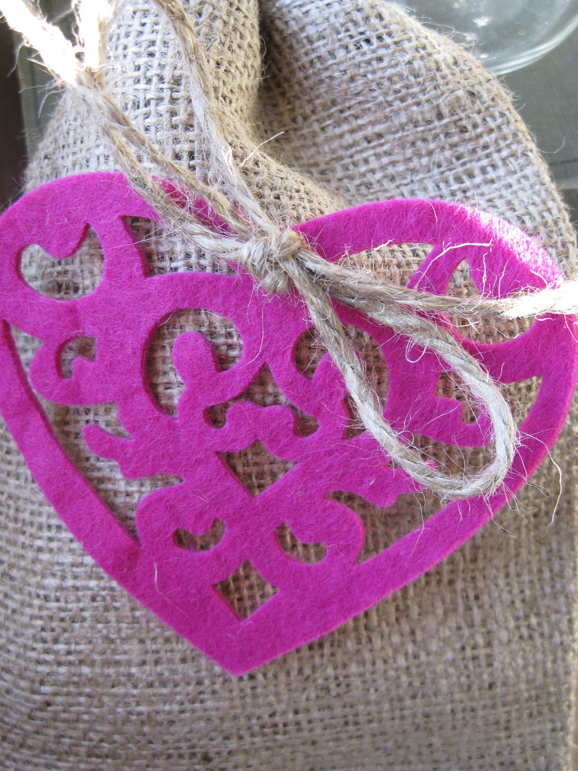Set of 30  Hot Pink Felt Heart Burlap Wedding Favor Treat Bag Gift Bag Great for Valentine's Treats