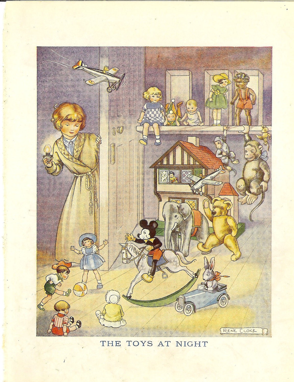 1940s "The Toys At Night" Childrens Colour Print By Rene Cloke Ideal for Framing