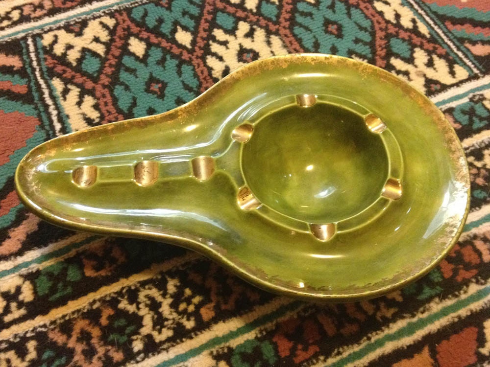 Large vintage ceramic olive green and gold teardrop ashtray 1960s retro candy dish 60s mod modern housewares