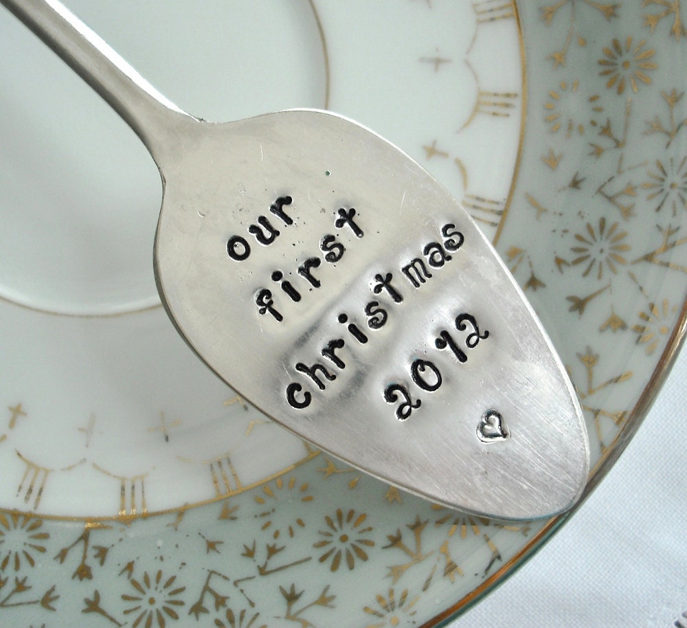 Vintage Silver Plated Hand Stamped Spoon Christmas Ornament - our first christmas 2012 - CIJ