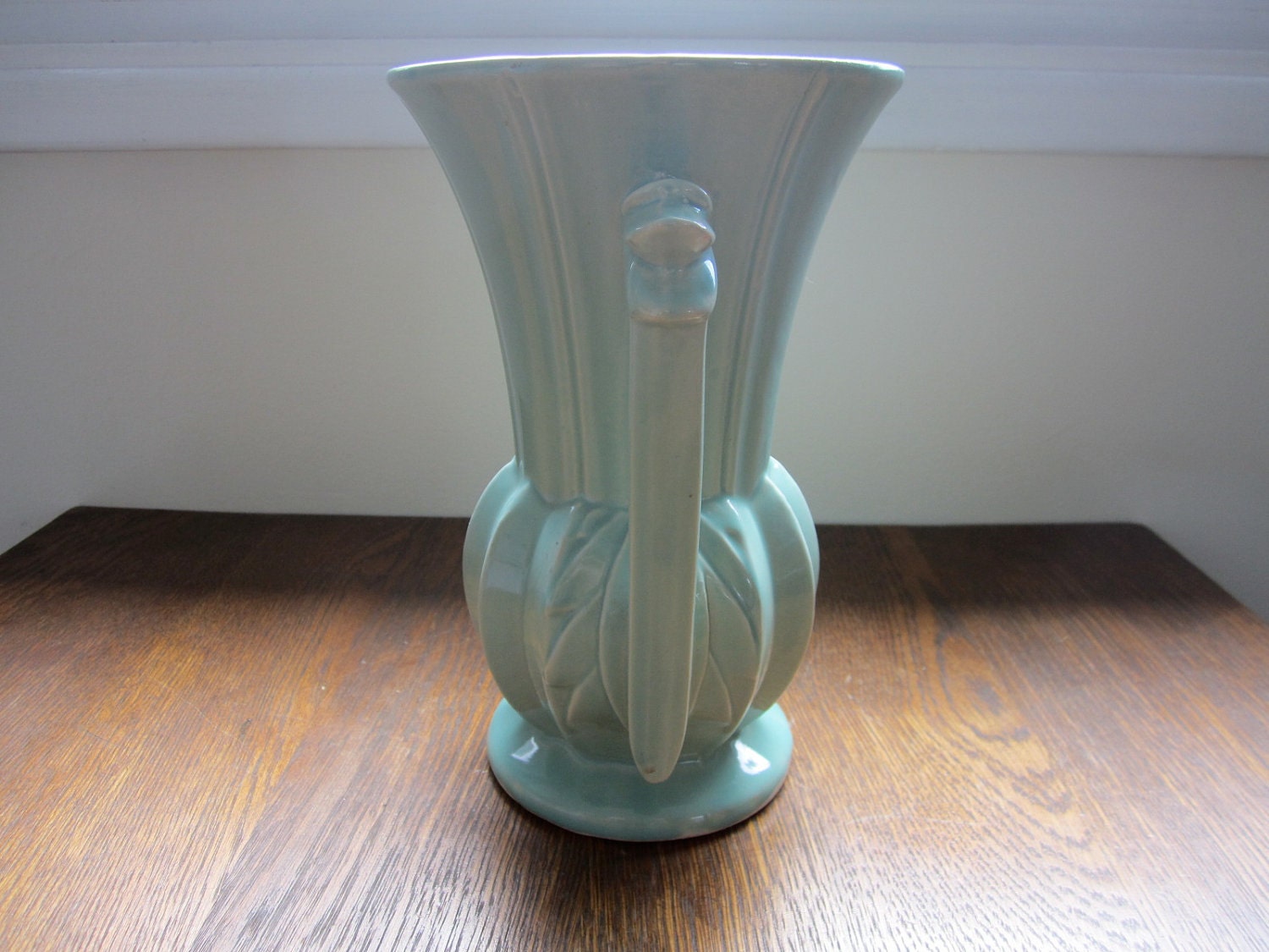 Huge vintage McCoy pottery art deco mint green double handled vase