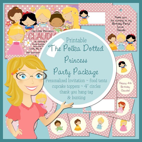 Polka Dotted Princess - printable party package - invitation, bag tag, toppers, food tents, 4 inch circles and triangular bunting. Il_570xn