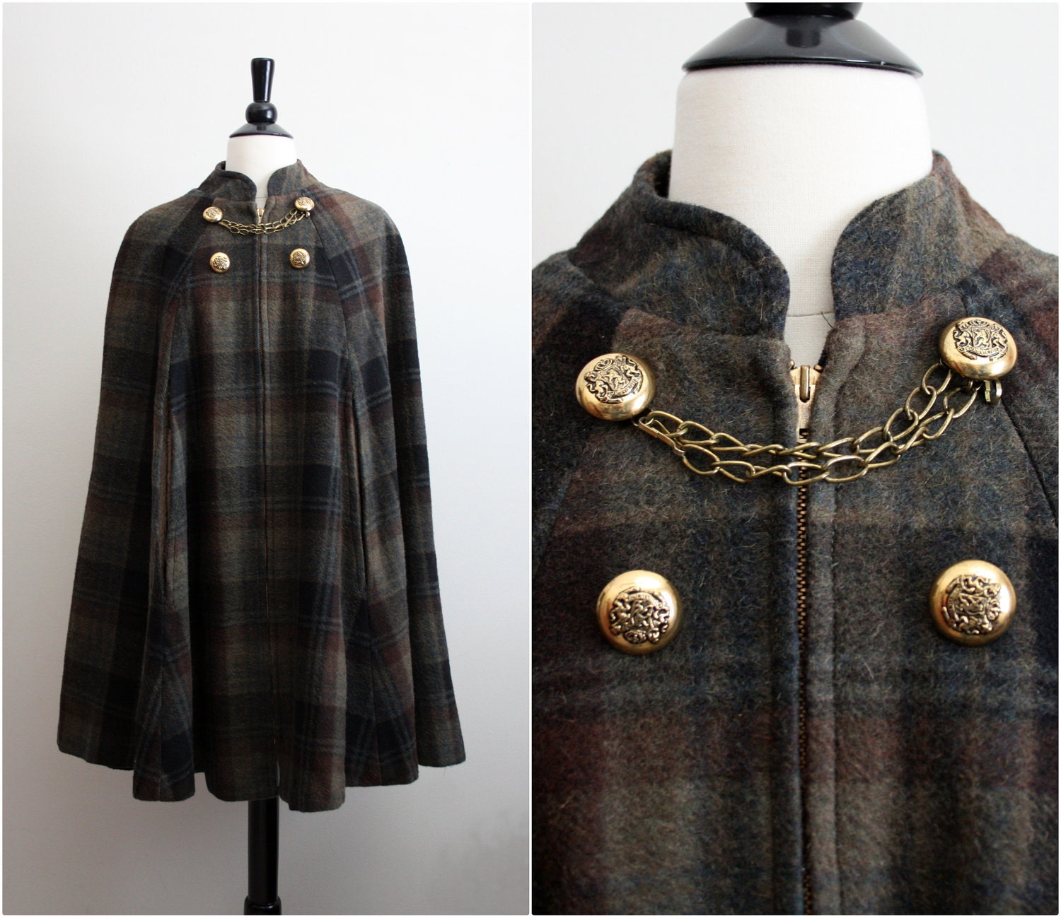 Vintage 60s Wool Military Plaid Cape.