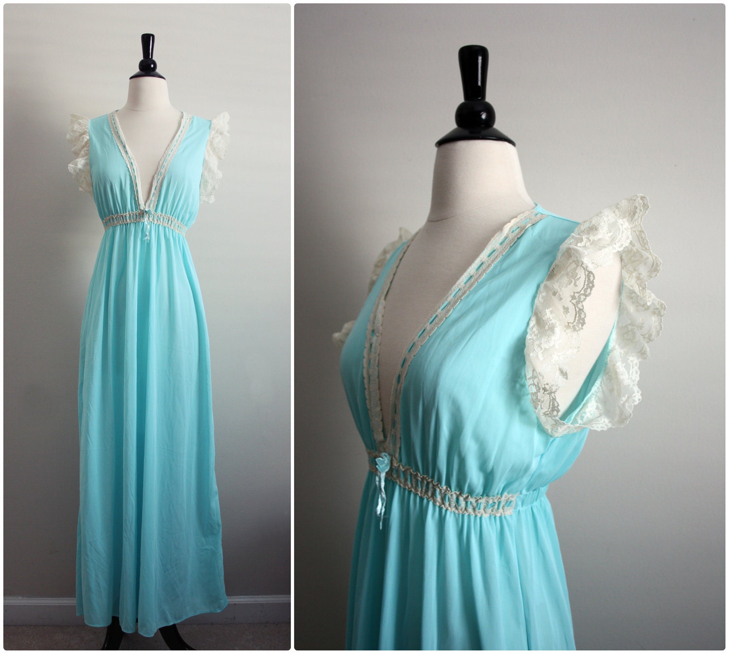 Vintage 70s Sweet Lace Powder blue Slip Dress. Size S/M/L