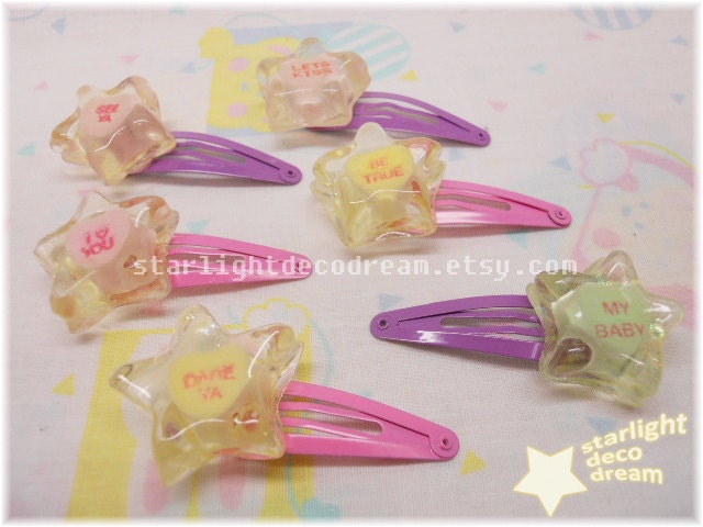 Set of six Sparkling Conversation Heart Resin Star Hair Clips for Fairy Kei Decora Kawaii Cute Fashion