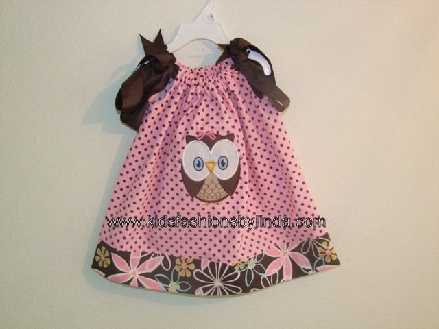 Pink/Brown Dots Pillowcase Dress with Flower Cuff with Owl Applique-Personalization NOT Included