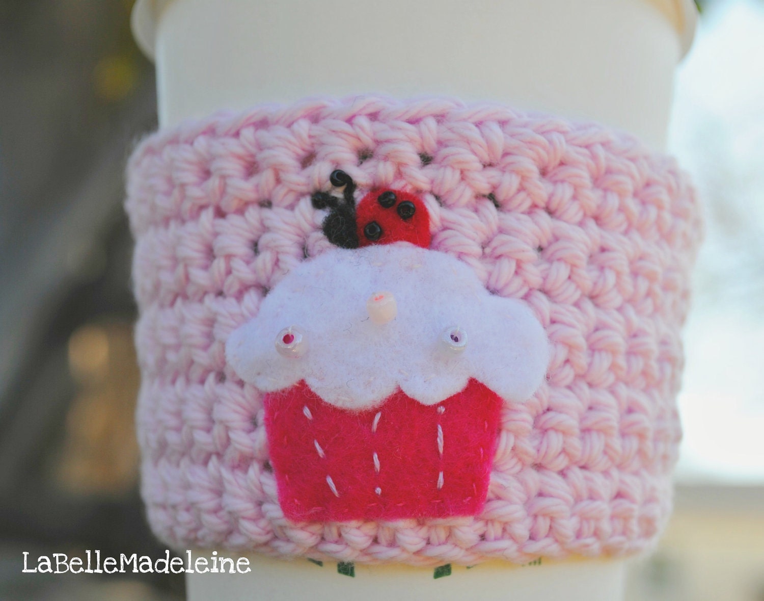Crochet cup cozy, CHERRY CUPCAKE LADYBUG cup cozy - Pastel Pink - Ready to Ship