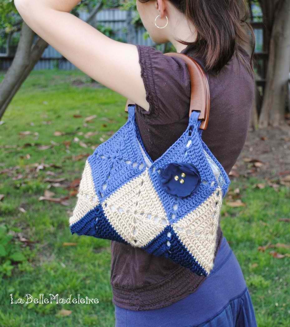 Crochet Granny Squares Tan and Blue Bag, purse, handbag with organza flower