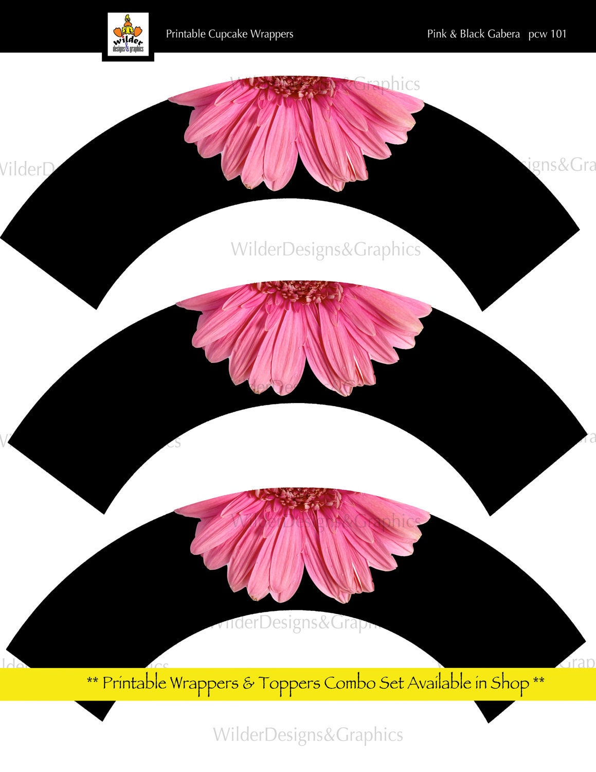 Printable Cupcake Wrappers - Pink Gabera on Black Theme (pcw101)