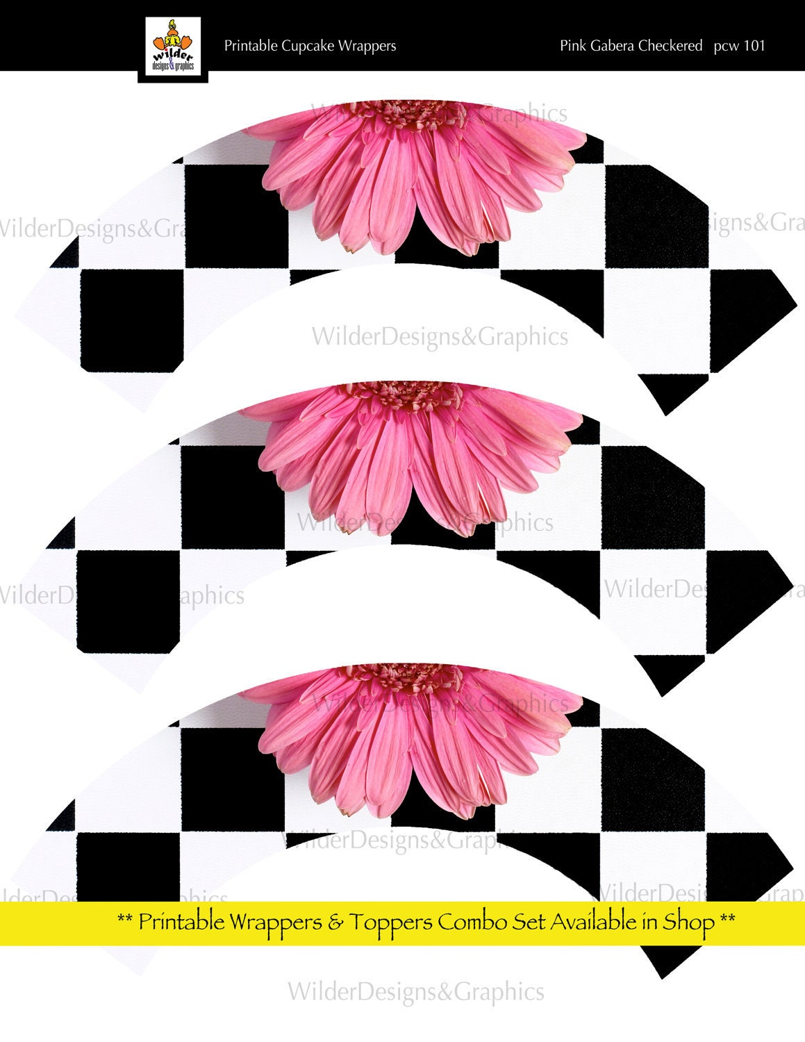 Printable Cupcake Wrappers - Checkered Pink Gabera (pcw101)