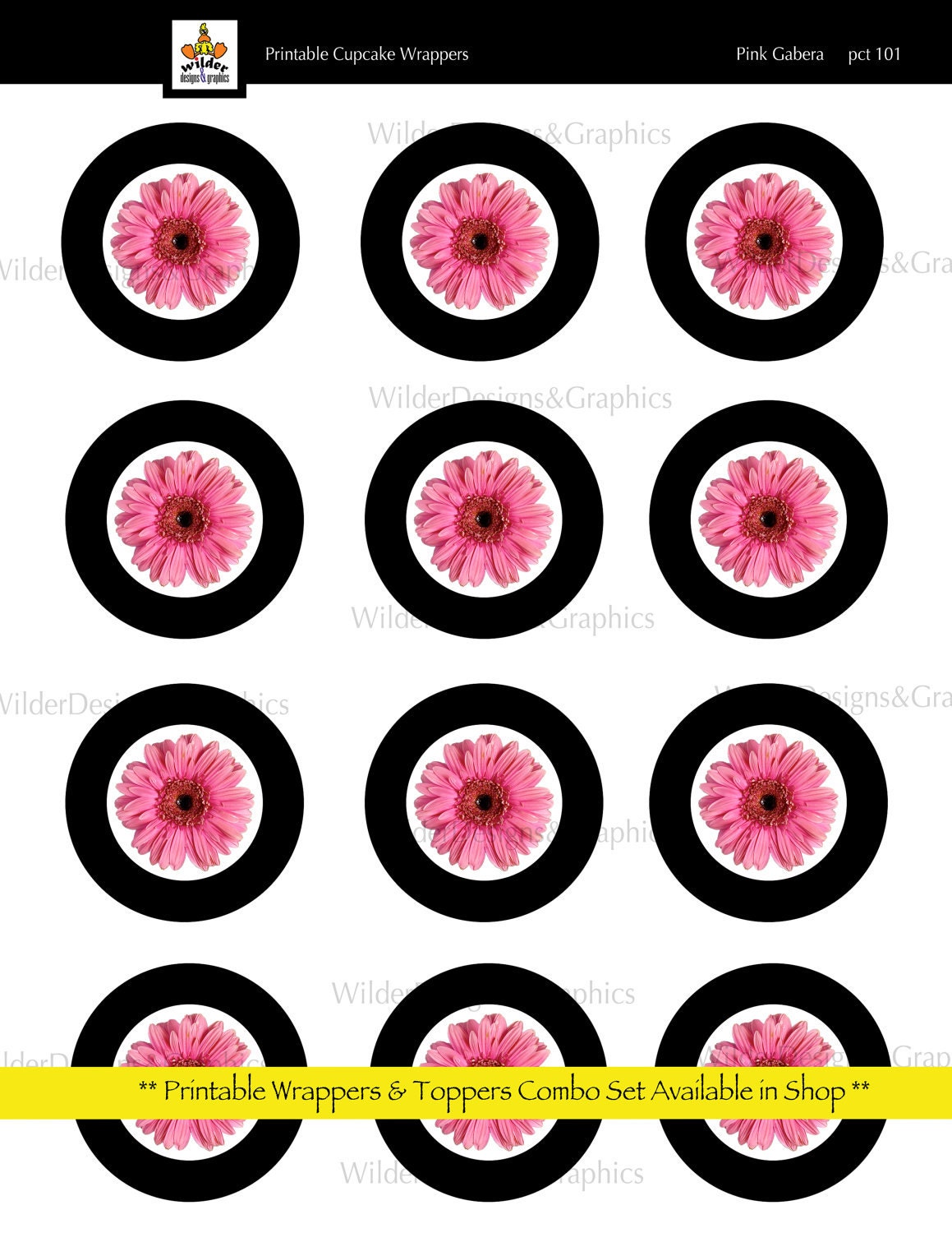 Printable Cupcake Toppers  - Pink Gabera (pct101)