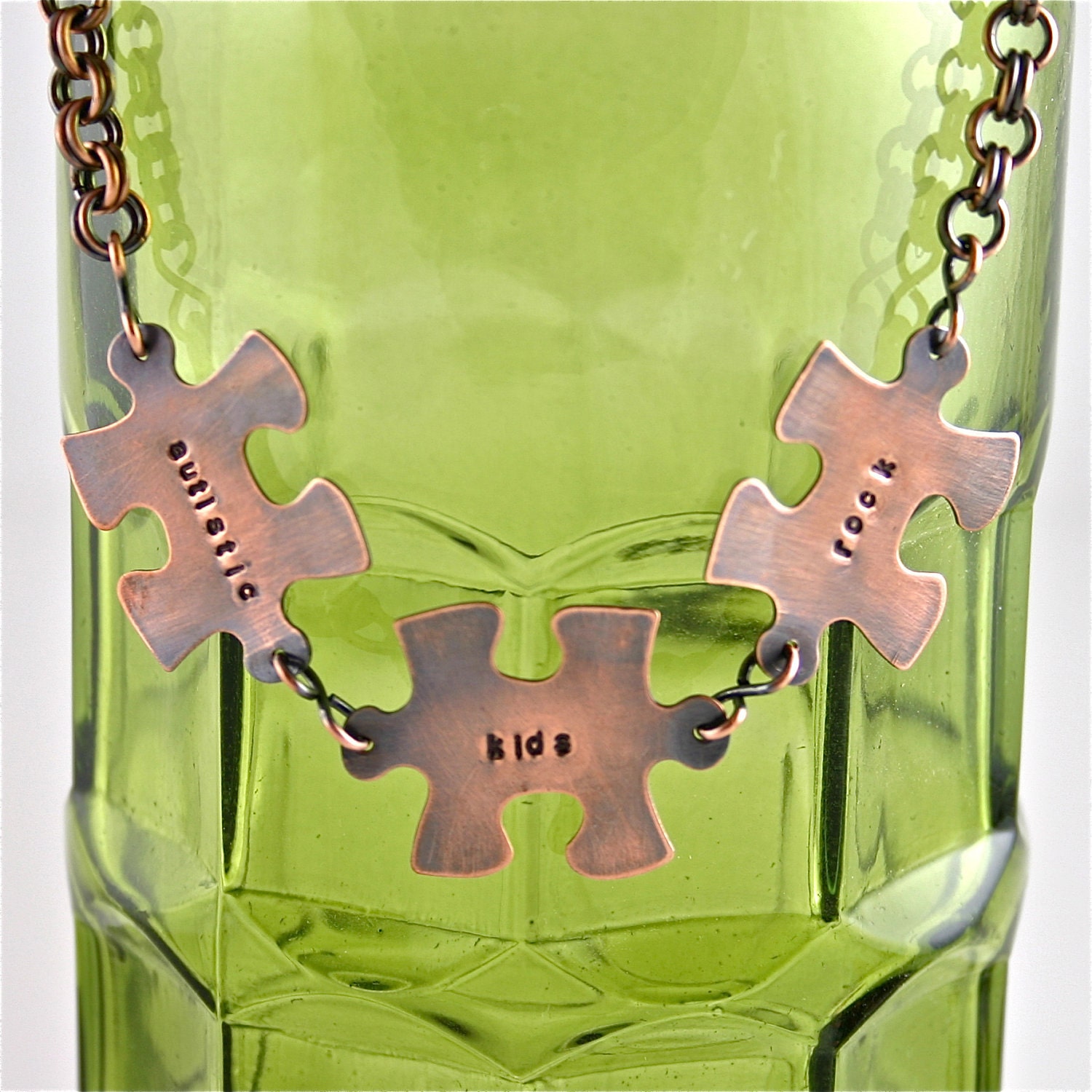 Autism Awareness Necklace, Copper,  Hand Stamped, Autistic Kids Rock, Chain Maille Cable Chain