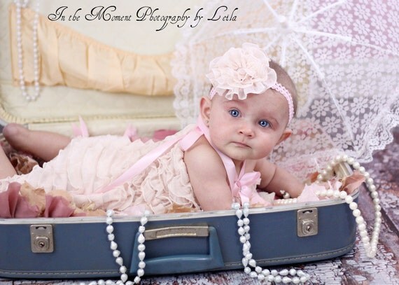 Vintage Creamy Pink Ruffled Bubble Romper with Matching Flower Headband by FabTutus