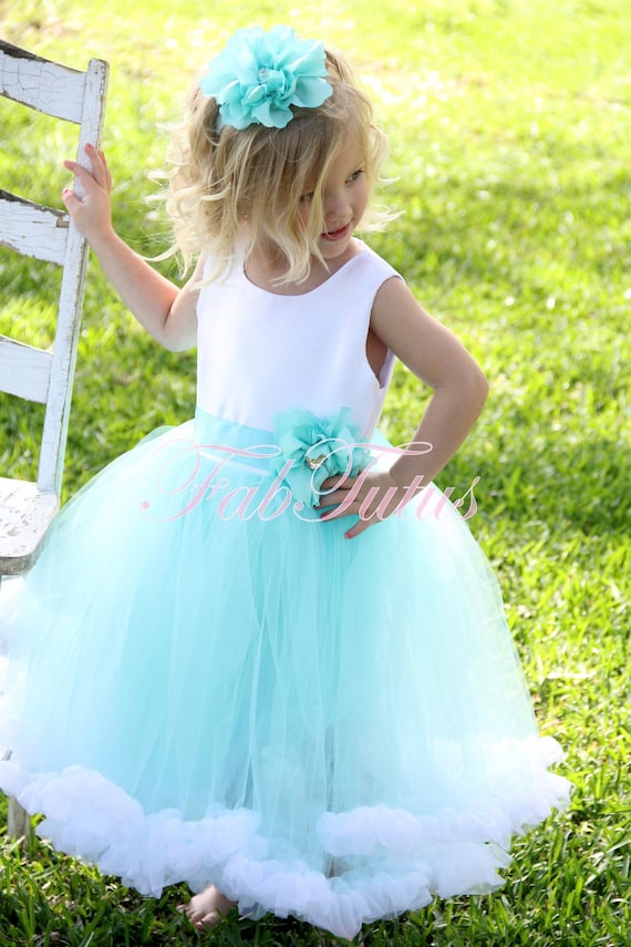 Couture Tiffany Blue flower girl tutu dress with chiffon ruffle and handmade flower pin by FabTutus