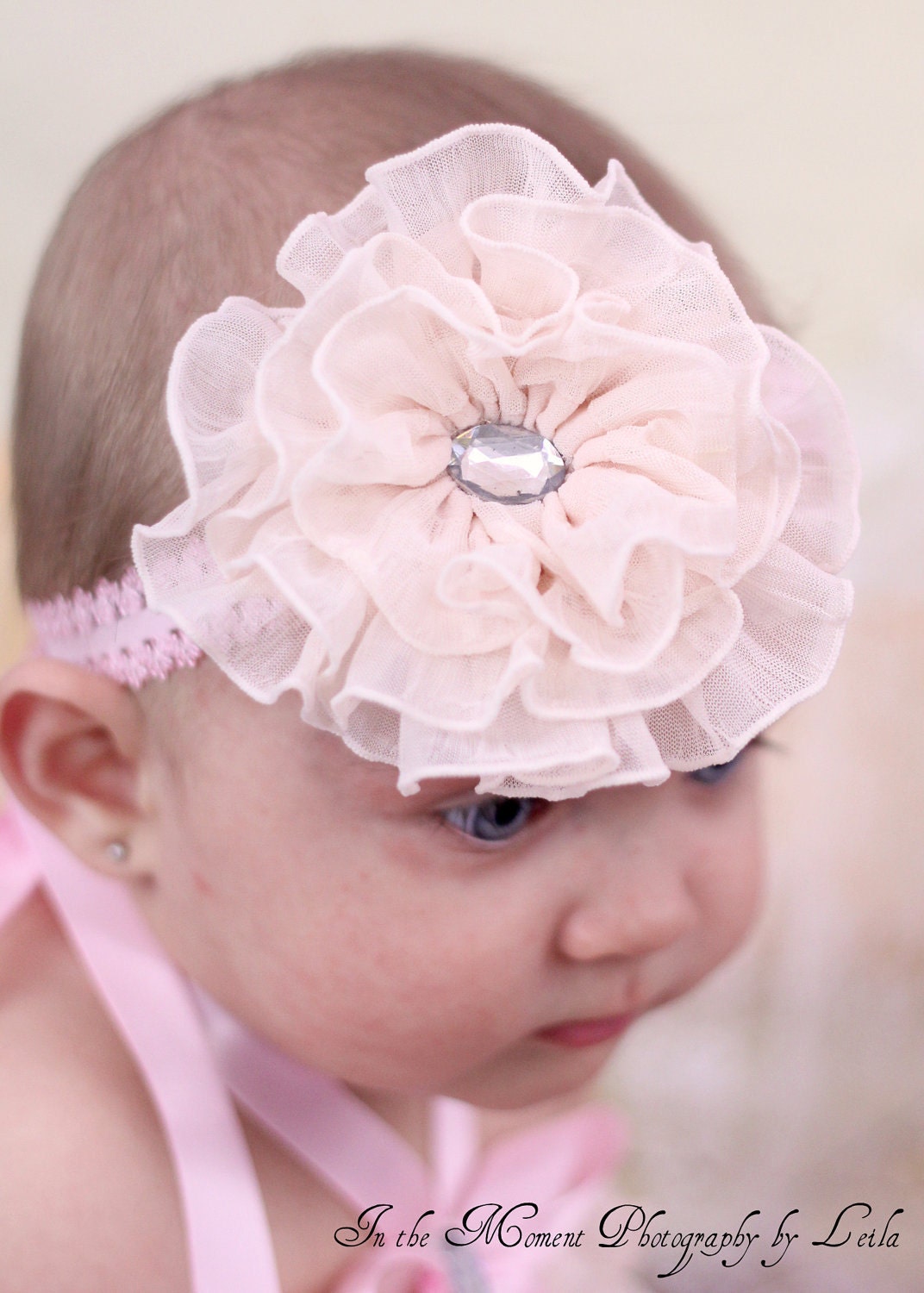 Vintage Creamy Pink Ruffled Bubble Romper with Matching Flower Headband by FabTutus