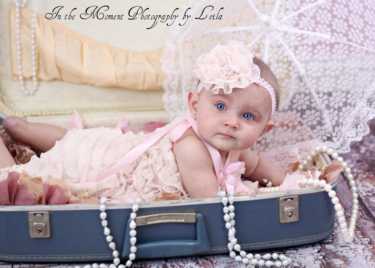 Vintage Creamy Pink Ruffled Bubble Romper with Matching Flower Headband by FabTutus