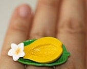 Kawaii Cute Japanese Ring - Fresh Papaya and Plumeria flower on a plate