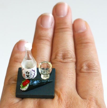 Kawaii Japanese Miniature Food Ring - Saki Bottle and Cup with Maki Sushi