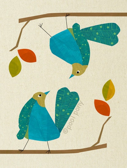 blue love birds - mid century design art print