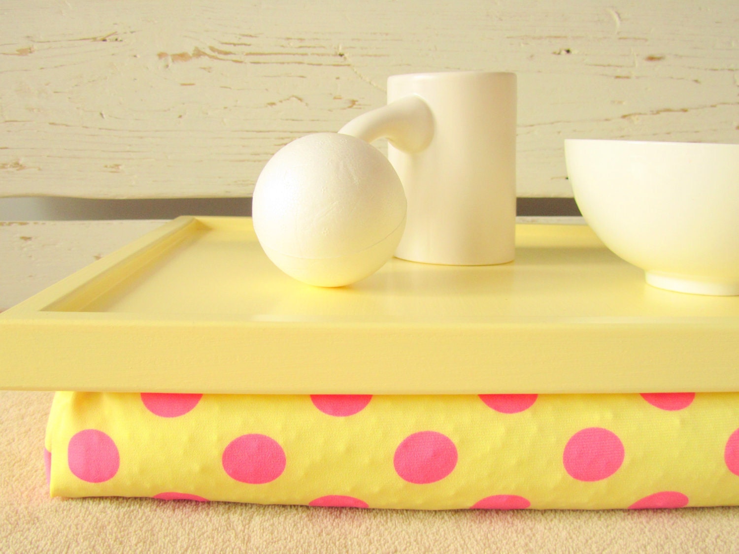 Polka Dots Laptop Lap Desk or Breakfast serving Tray- Table- Yellow with Pink- Custom Order