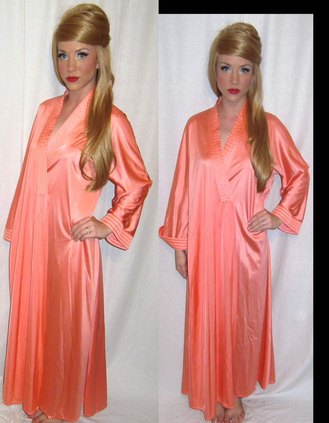 Womens Vintage 70s Goddess VANITY FAIR Deepest V Bell Sleeves Coral Satin Robe M