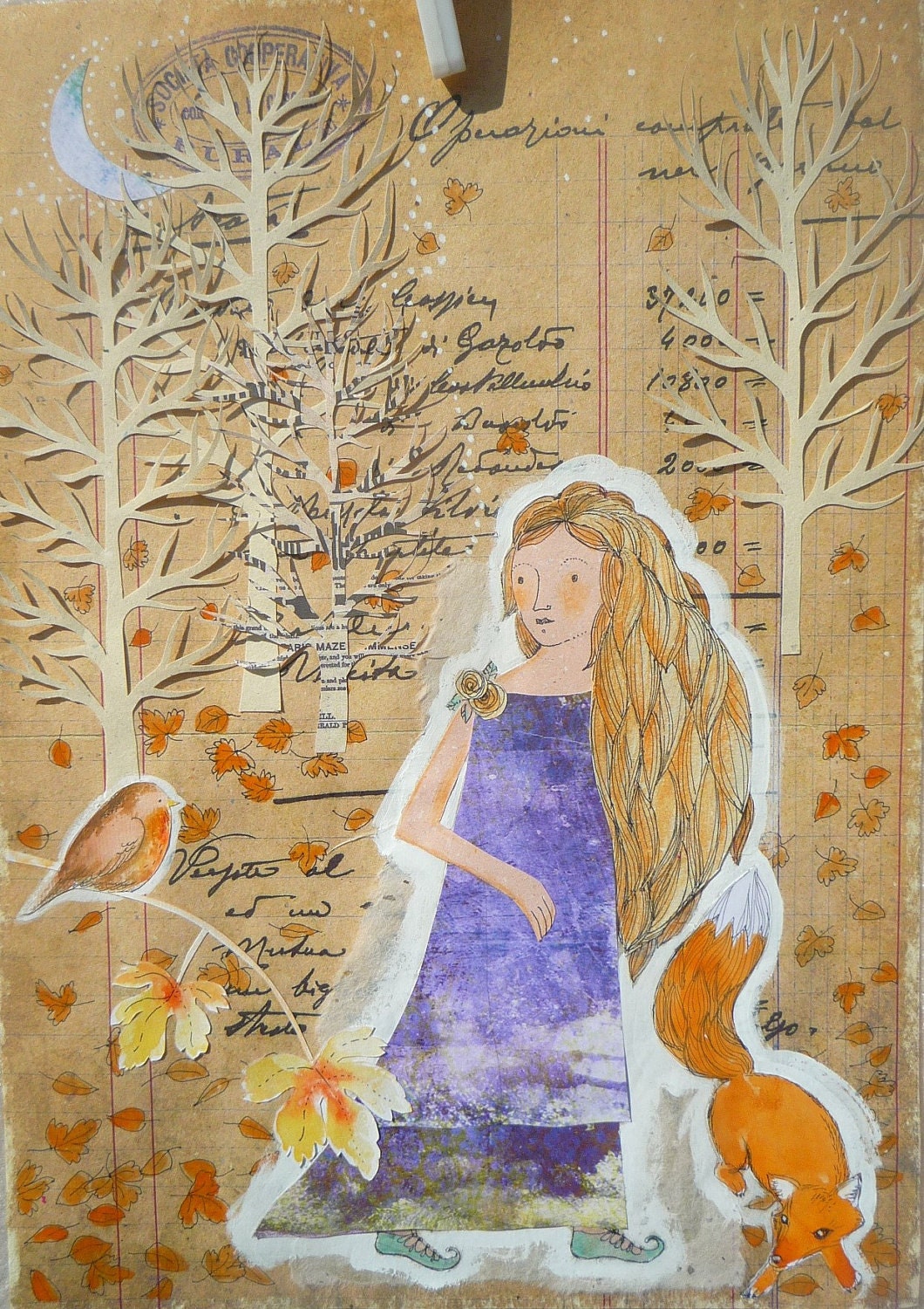 Fairy painting on paper. 3D collage and drawing . OOAK . original drawing A4 size, 8,2/11,5 inch