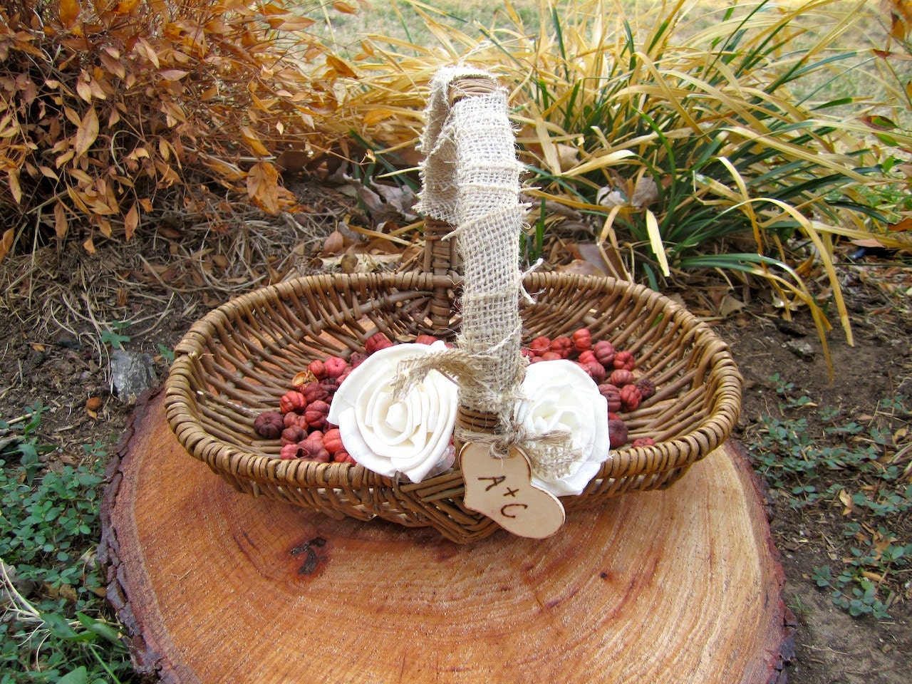 Personalized You Pick The Colors Custom Woodland Rustic Flower Girl Basket Forest Cottage Elegant Vintage Shabby Chic Wedding Decorations