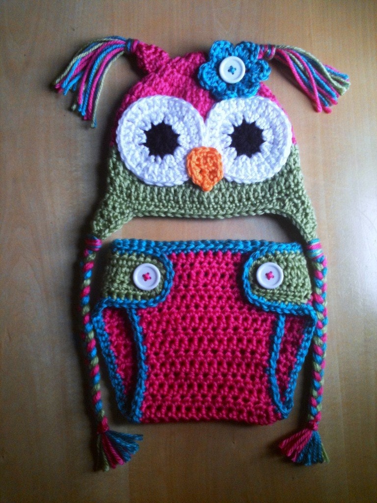 Newborn Baby Girl Crochet Green Pink Blue OWL Diaper Cover n Beanie Hat Set Braids Daisy Pigtails Button -- Great Photo Prop